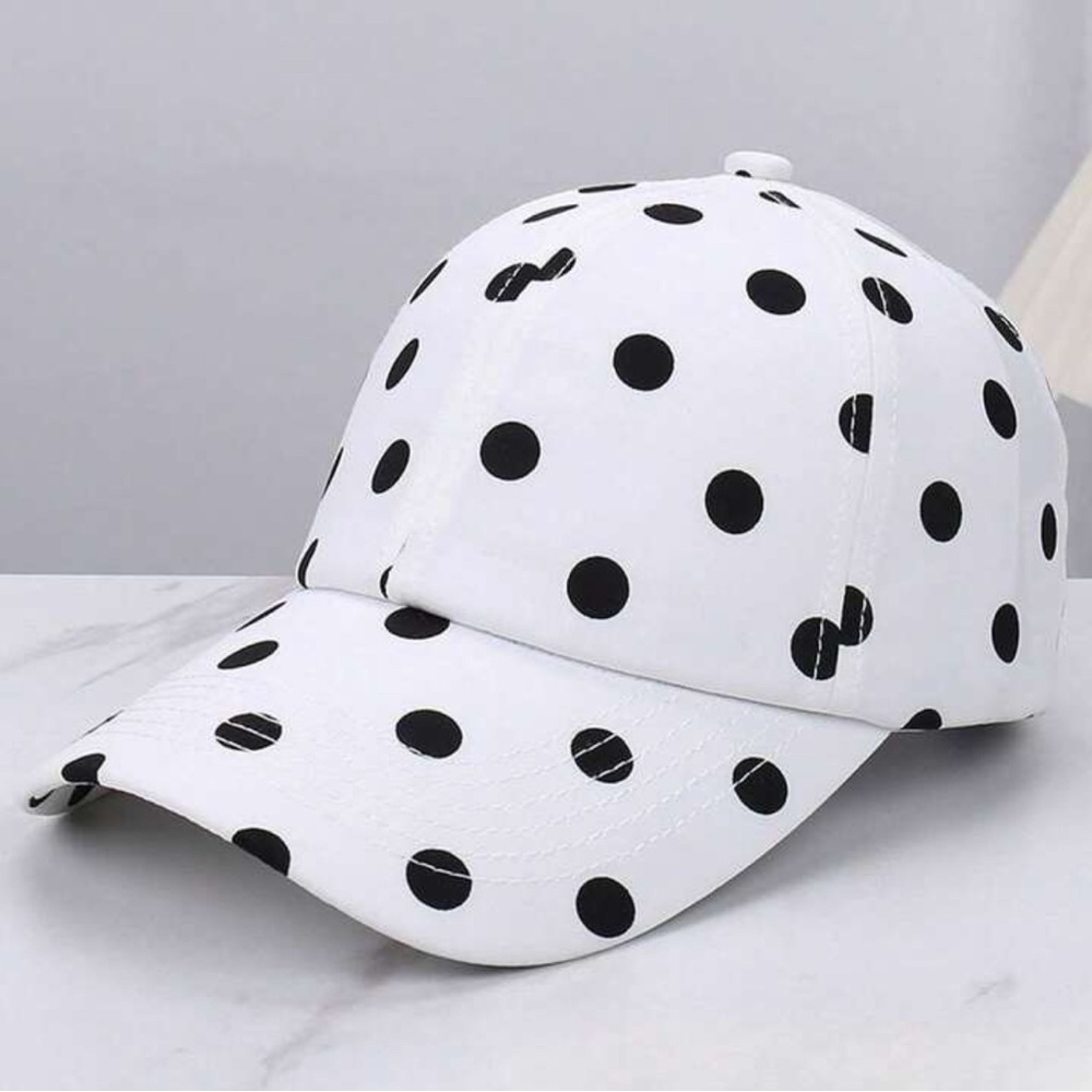 White Baseball Cap with Black Polka Dots